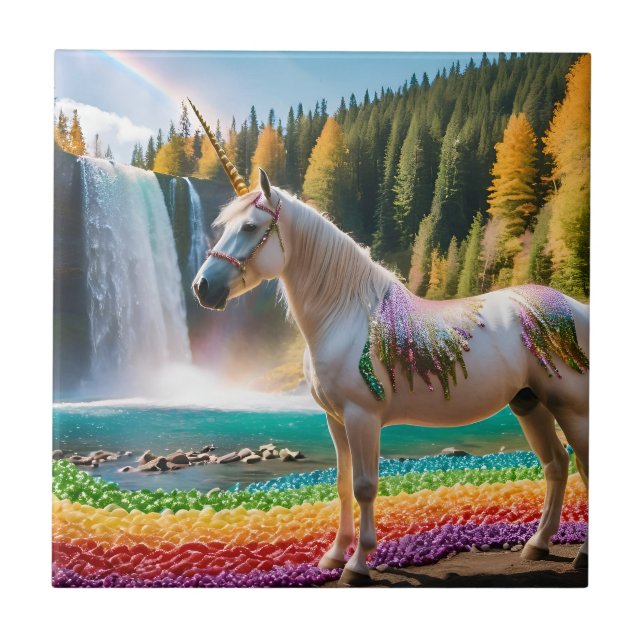 Rainbow Flowers Unicorn Green Trees Waterfall Lake Tile (Front)