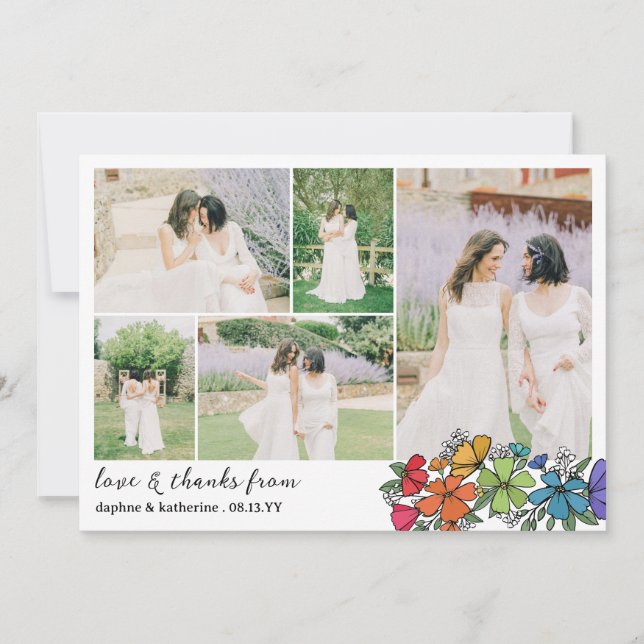 Rainbow Flowers Wedding Photo Collage Thank You Card (Front)