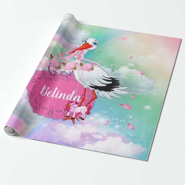 Rainbow fluffy Clouds & Stork Wrapping Paper (Unrolled)