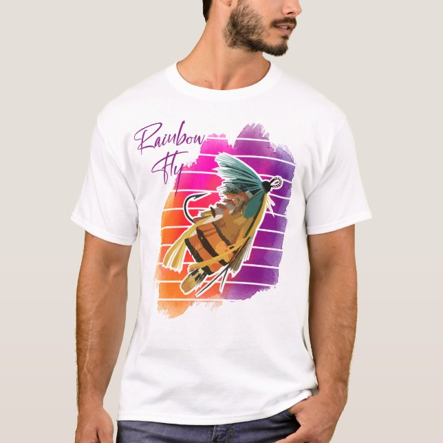 Rainbow Fly Fishing Lure Retro Sunset T-Shirt (Front)