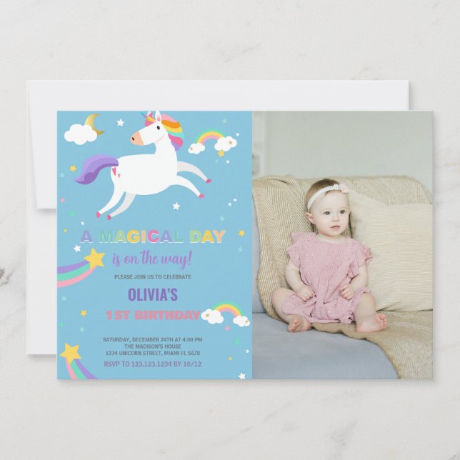 Rainbow Fly Unicorn Birthday Invitations photo (Front)