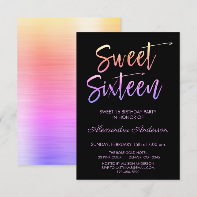Rainbow Foil and Black Sweet Sixteen Birthday Invitation (Front/Back)