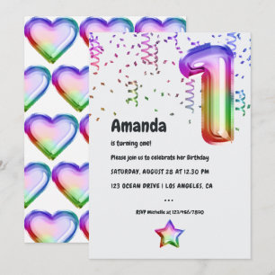 Rainbow Foil Balloon 1st Birthday Invitation