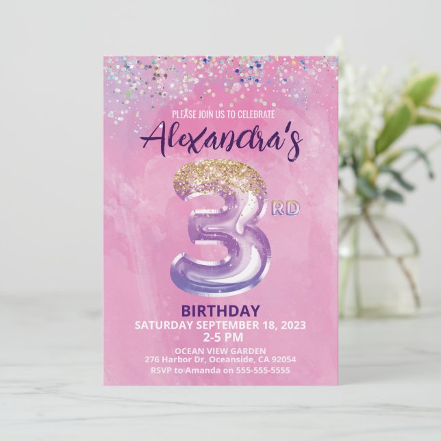 Rainbow Foil Balloon Girl 3rd Birthday Invitation (Standing Front)