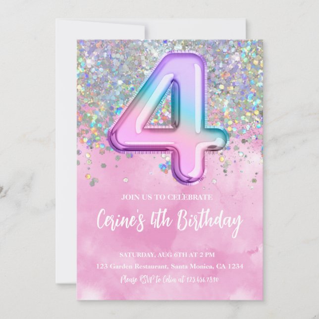 Rainbow Foil Girl 4th Birthday Invitation (Front)