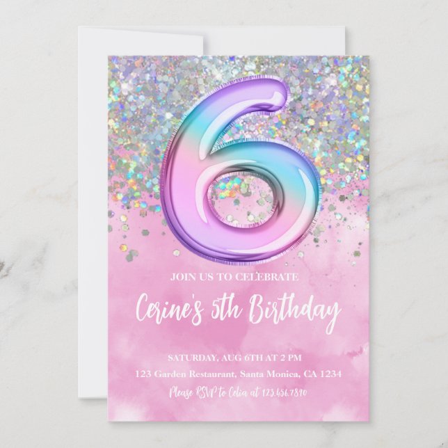 Rainbow Foil Girl 6th Birthday Invitation (Front)