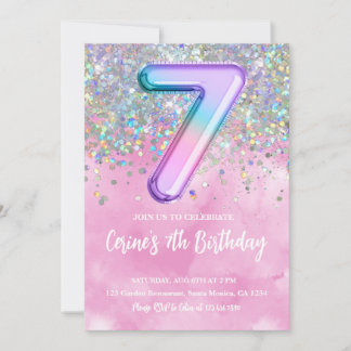 Rainbow Foil Girl 7th Birthday Invitation