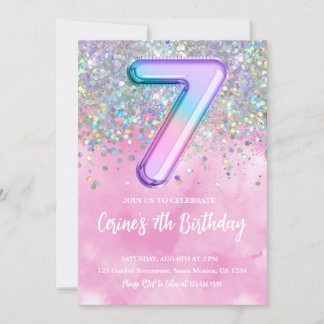 Rainbow Foil Girl 7th Birthday Invitation