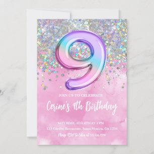 Rainbow Foil Girl Nine Birthday Invitation