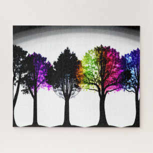 Rainbow Foliage on Black Silhouette Trees Jigsaw Puzzle