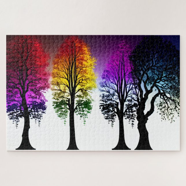Rainbow Foliage on Black Silhouette Trees Jigsaw Puzzle (Horizontal)