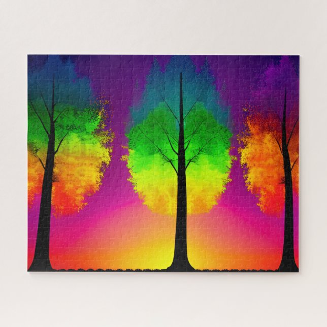 Rainbow Foliage on Tree Silhouettes Coloured Sky Jigsaw Puzzle (Horizontal)