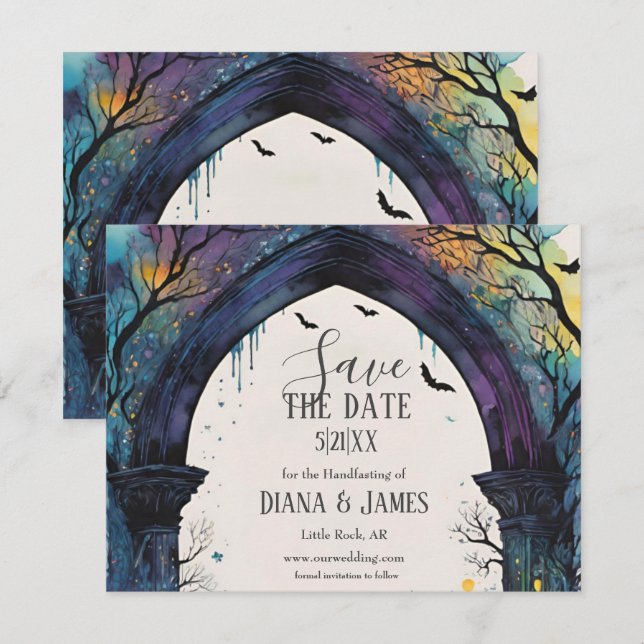 Rainbow Forest Castle Arch Pagan Handfasting Save The Date (Front/Back)