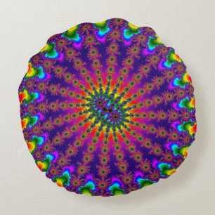 Rainbow Fractal Burst Round Cushion