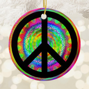 Rainbow Fractal Kaleidoscope Black Peace Symbol Ceramic Tree Decoration