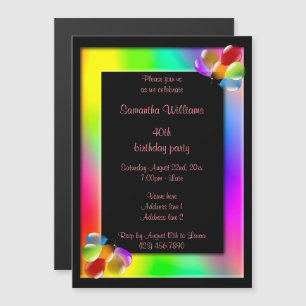Rainbow Frame & Coloured Balloons 40th Birthday Magnetic Invitation