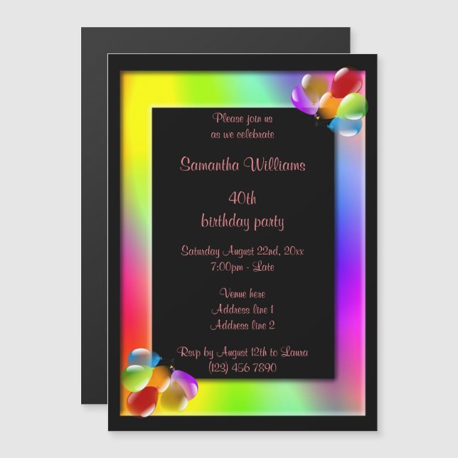 Rainbow Frame & Coloured Balloons 40th Birthday Magnetic Invitation (Front/Back)