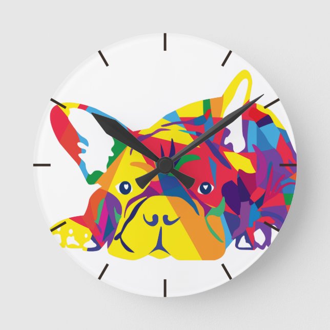 Rainbow French Bulldog Round Clock (Front)