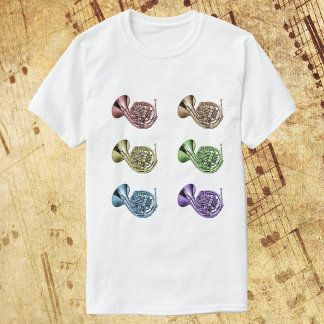 Rainbow French Horn Collage Design Colourful Brass T-Shirt