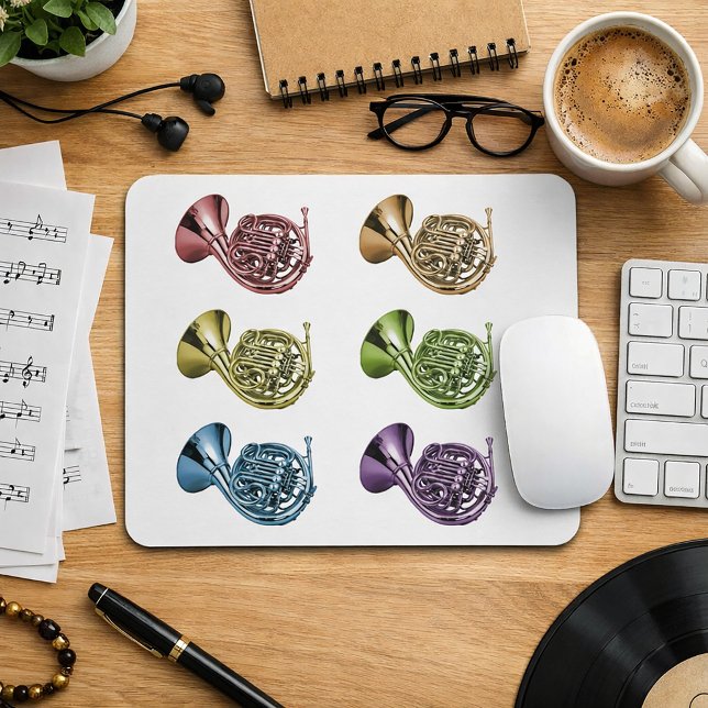 Rainbow French Horn Collage Design Mouse Mat (A mouse pad with six rainbow french horns.)