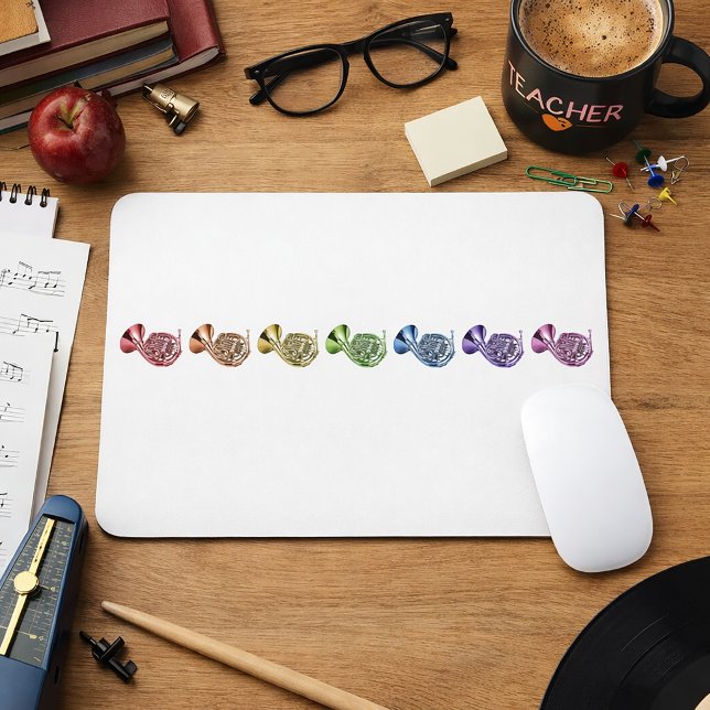 Rainbow French Horn Colourful Brass Instrument Mouse Mat (A mouse pad with a rainbow lineup of french horns.)
