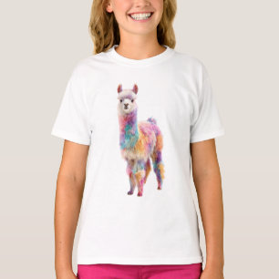 Rainbow Furry Watercolor Alpaca Illustration Kids T-Shirt