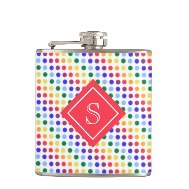 Rainbow Fuzzy Dots Personalised Monogram Hip Flask (Front)