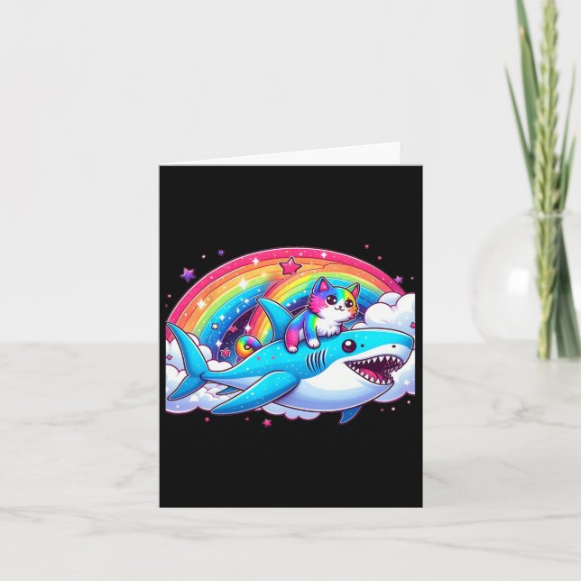 Rainbow Galaxy Cat Riding Shark In Space Funny Cat Card (Front)