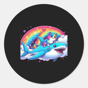 Rainbow Galaxy Cat Riding Shark In Space Funny Cat Classic Round Sticker