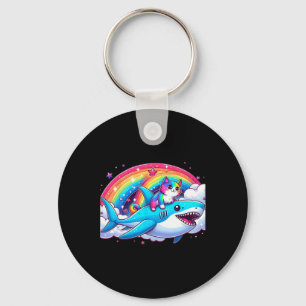 Rainbow Galaxy Cat Riding Shark In Space Funny Cat Key Ring