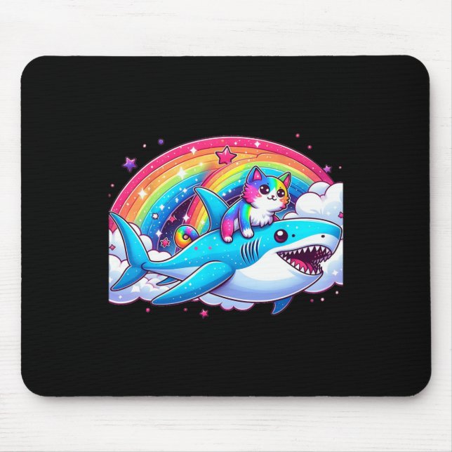 Rainbow Galaxy Cat Riding Shark In Space Funny Cat Mouse Mat (Front)
