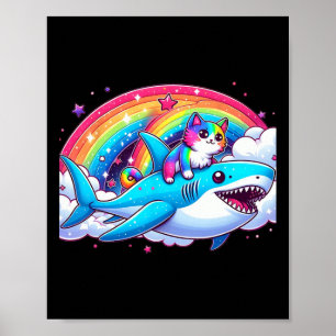 Rainbow Galaxy Cat Riding Shark In Space Funny Cat Poster