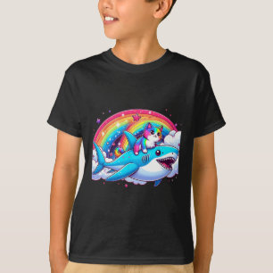 Rainbow Galaxy Cat Riding Shark In Space Funny Cat T-Shirt