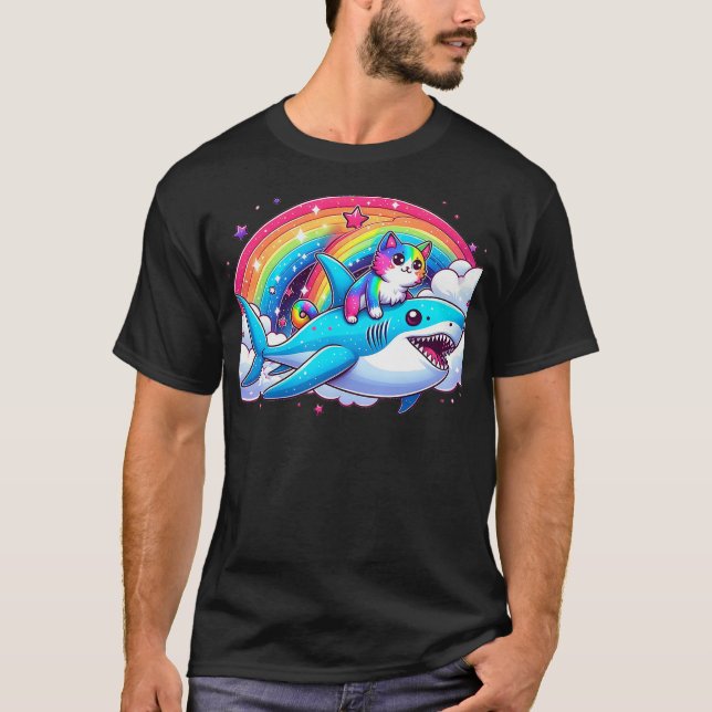 Rainbow Galaxy Cat Riding Shark in Space funny Cat T-Shirt (Front)