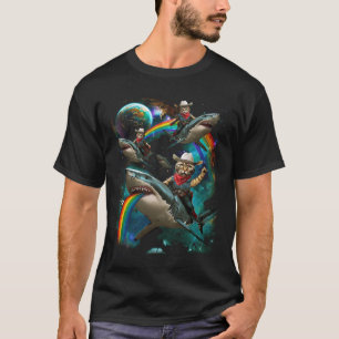 Rainbow Galaxy Cat Riding Shark in Space Sci-fi Sp T-Shirt