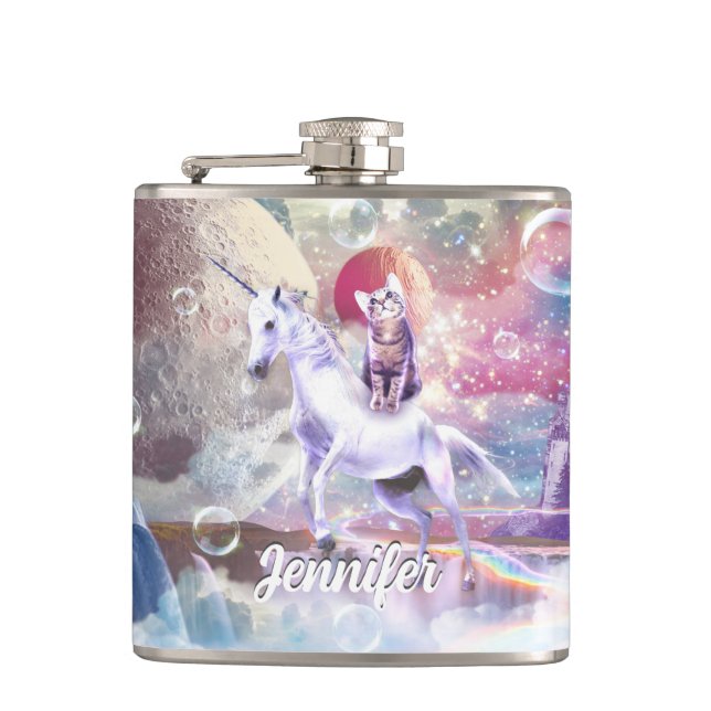 Rainbow galaxy cat riding unicorn in space.        hip flask (Front)