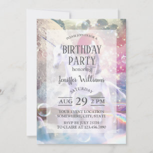 Rainbow galaxy cat riding unicorn in space. invitation