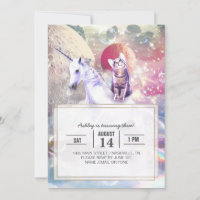 Rainbow galaxy cat riding unicorn in space.