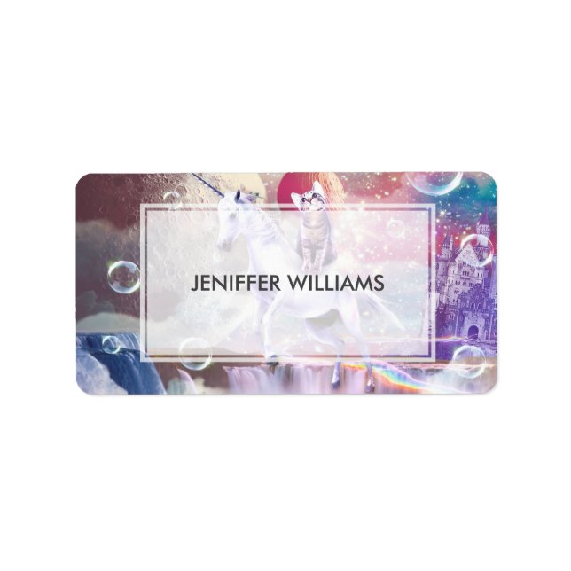 Rainbow galaxy cat riding unicorn in space.        label (Front)