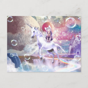 Rainbow galaxy cat riding unicorn in space.        postcard