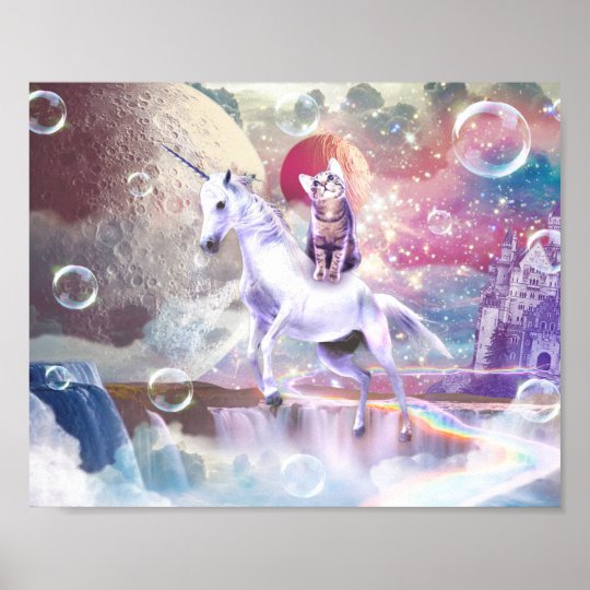 Rainbow galaxy cat riding unicorn in space poster | Zazzle.co.uk