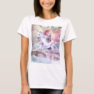 Rainbow galaxy cat riding unicorn in space. T-Shirt