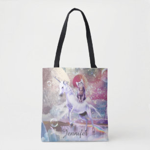 Rainbow galaxy cat riding unicorn in space. tote bag