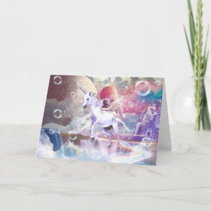 Rainbow galaxy pug riding unicorn in space.        card