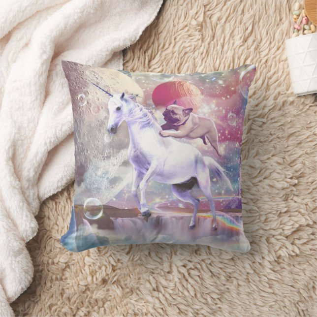 Rainbow galaxy pug riding unicorn in space.        cushion (Blanket)