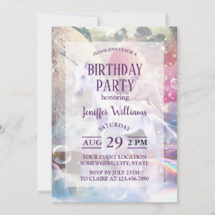 Rainbow galaxy pug riding unicorn in space. invitation