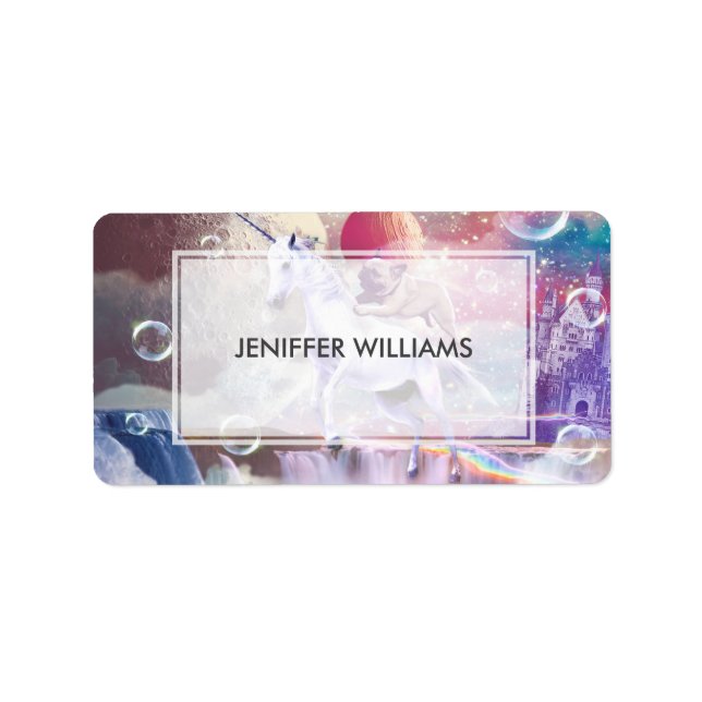 Rainbow galaxy pug riding unicorn in space.        label (Front)