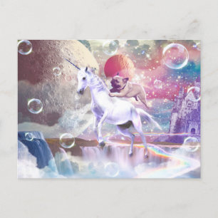 Rainbow galaxy pug riding unicorn in space. postcard
