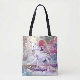 Rainbow galaxy pug riding unicorn in space. tote bag