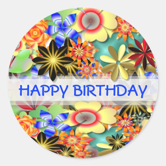 Rainbow Garden Art Deco Flowers Birthday Classic Round Sticker (Front)